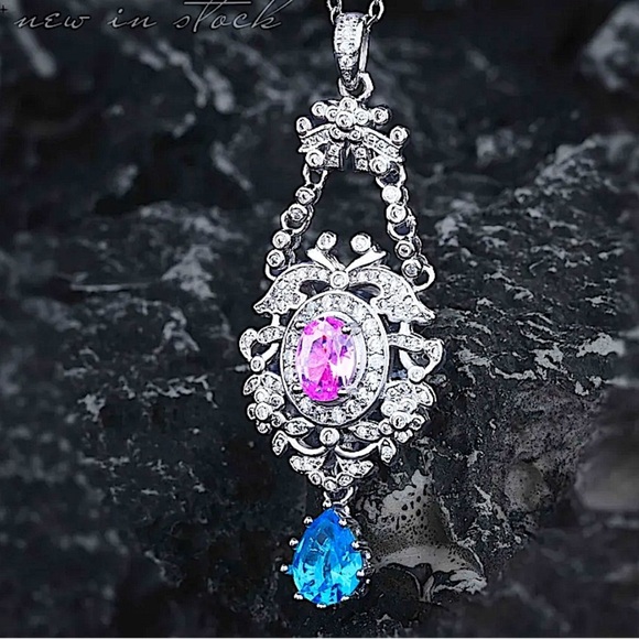 Sterling Silver Pink Blue Cubic Zircon Exquisite Trendy Pendant Necklace - Picture 3 of 5